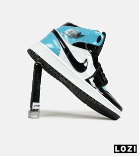 کفش کتانی ساق‌دار مردانه و زنانه آبی سفید مشکی ورنی NIKE jordan 1