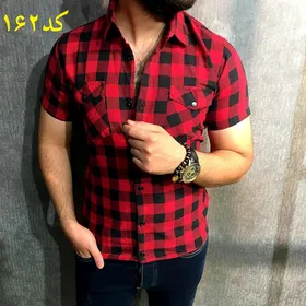 پیراهن چهارخانه نخی رنگ قرمز مشکی