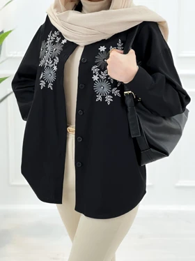 مانتو کتان گلدوزی سلین (مشکی)