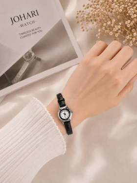 ساعت مچی زنانه گرد چرمی کد W463 (مشکی 1)