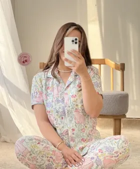 لباس خواب تیشرتی گربه صورتی🌸✨