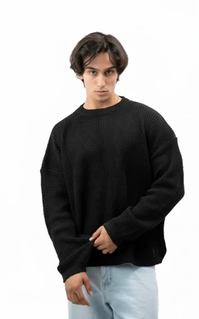 پلیور بافت مشکی بیسیک یقه گرد بافت درشت فری سایز لش