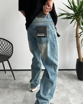 شلوار بگ آبی کثیفشور ساده BERSHKA