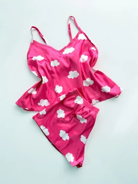 ست لباس خواب تاپ و شورتک ساتن طرح ابر