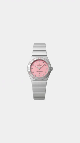 ساعت امگا کانسلیشن زنانه نقره ای صفحه صورتی ایندکس نگین Omega Constellation Silver