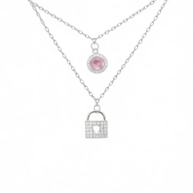 گردنبند نقره دخترانه 925 اصل مدل قفل و نگین صورتی دو رج
