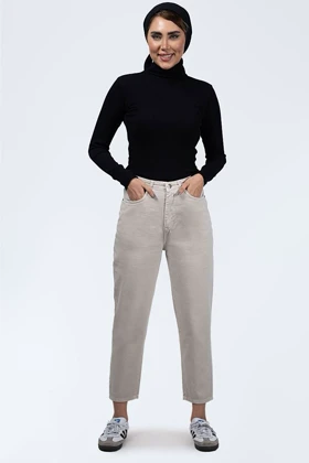 شلوار مام فیت کتان پشت کمر کش