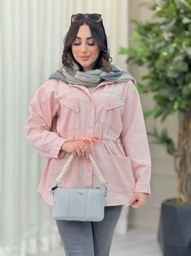 مانتو کتان کمرگت سر جیب مثلثی