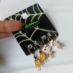 ست 2 تایی گوشواره آویز هالووین (کدو تنبل جک فانوس و شبح) – آبکاری طلا (Limited Edition)