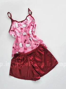 ست لباس خواب تاپ و شورتک ساتن طرح کیتی و پاپیون