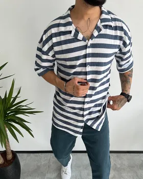 پیراهن رینگر پنبه استین کوتاه PULL&BEAR سفید سرمه ای