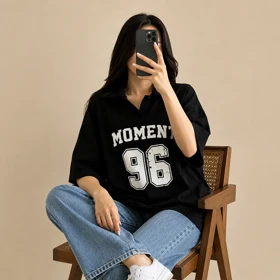 تیشرت زنانه یقه دار طرح MOMENT96 طرح 4117