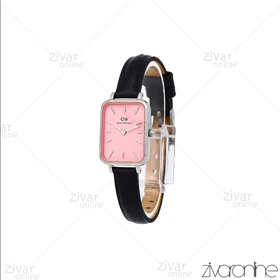 ساعت دنیل ولینگتون زنانه کوادرو قاب نقره ای صفحه صورتی بند چرم 107119