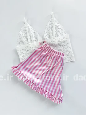 ست لباس خواب نیمتنه دانتل و شورتک پایین چین ساتن ویکتوریا سکرت