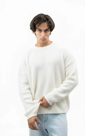 پلیور بافت سفید بیسیک یقه گرد بافت درشت فری سایز لش