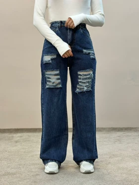 شلوار نیم بگ جین زاپدار سورمه ای ام کی