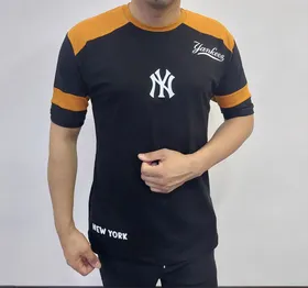 تیشرت مردانه NY رنگ مشکی آجری آستین کش