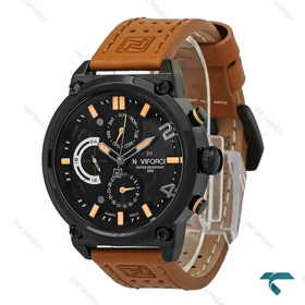 ساعت مردانه نیوی فورس NF9068 مشکی بندچرم عسلی NaviForce-7333-G