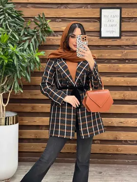 مانتو پاییزه چهارخانه کمردار