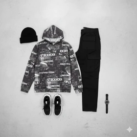 هودی طرحدار مردانه مشکی مدل stock