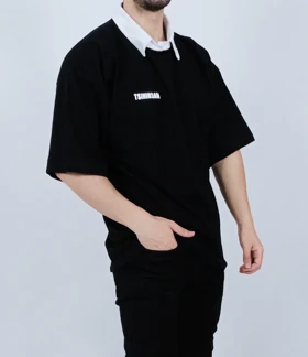 تیشرت آستین کوتاه قواره لش مشکی یقه بلایزر