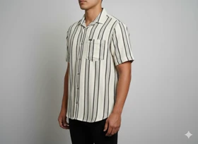 پیراهن مردانه آستین کوتاه راه راه کنفی مشکی 718