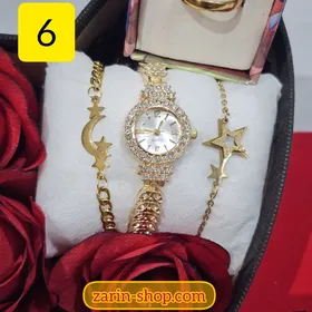 باکس هدیه زنانه ساعت نگینی و سرویس طلایی
