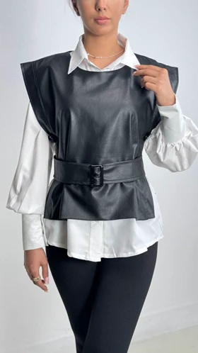 وست چرم با شومیز کد 1500202 (مشکی)