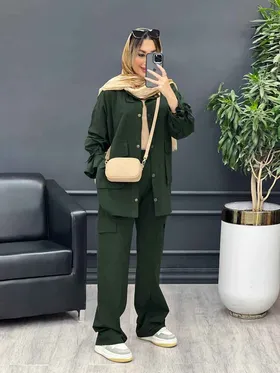 مانتو و شلوار آستین بندی دو جیب پاکتی
