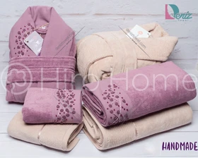 حوله ست دو نفره HANDMADE شکوفه رنگ یاسی تیره و کرم تیره