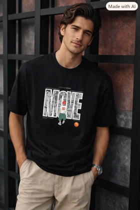 تیشرت مردانه مشکی چاپ move پارچه دورس دو نخ قواره باکسی