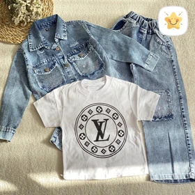 3 تکه کت شلوار جین دخترانه طرح LV نگین‌دار 4 تا 11 سال