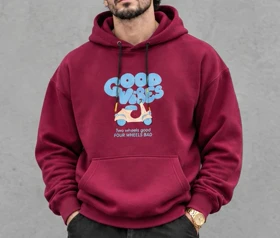 هودی لش باکسی زرشکی طرح موتور Good vibes پنبه سه نخ M3700 اورجینال دیلم