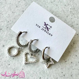 گوشواره سه تایی زنانه YSX مدل ستاره قلب دایره نقره ای رنگ کد 2791