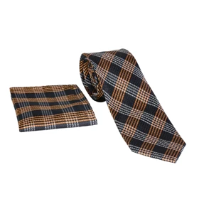 ست کراوات و دستمال جیب چهارخونه مشکی و نارنجی 98124