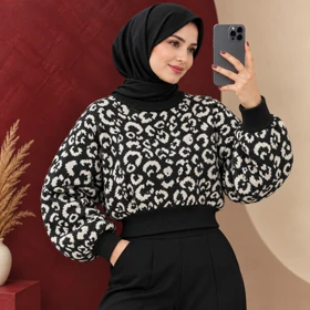 بلوز بافت کراپی پلنگی شانا کد 6067 (مشکی سفید)