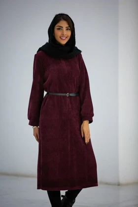 پالتو بلند کفتان زنانه یقه گرد بیسکوییتی (زرشکی)