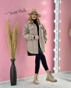پالتو چهارخونه یقه خزدار
