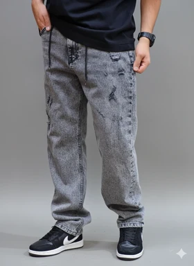 شلوار جین نیم بگ پارچه ترک طوسی زاپ‌دار