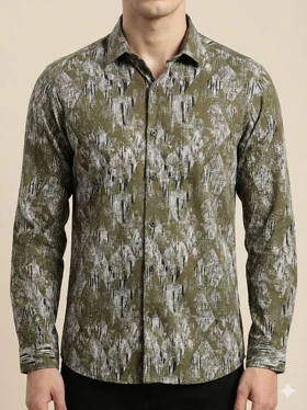 پیراهن مردانه آستین بلند کنفی طرحدار سبز 2002