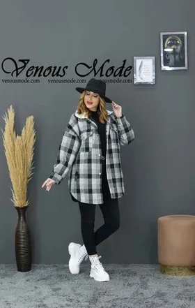 پالتو چهارخونه یقه خزدار