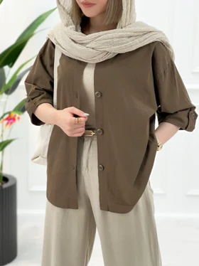 شومیز زنانه باکسی آستین سه ربع - قهوه‌ای‌روشن