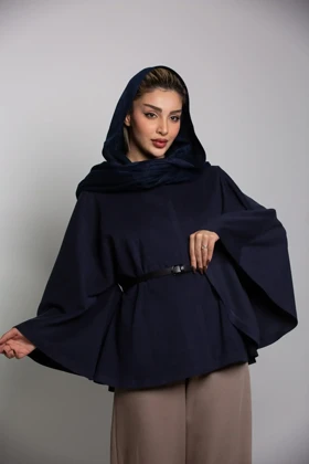 پالتو پانچ ژاکارد کمربنددار (سرمه ای)