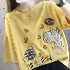 تیشرت زنانه گلدوزی شده نخ کتان طرح زرافه وارداتی