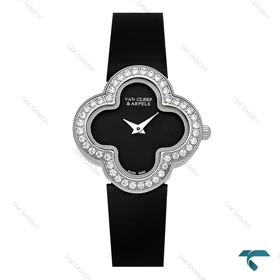 ساعت ون کلیف Alhambra زنانه سیلور بند چرم مشکی دورنگین VanCleef-7984-L