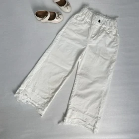 شلوار کتان سفید خارجی دخترانه پایین ریش دار