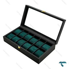 باکس ساعت 12 تایی چرمی مشکی سبز Watches-Box-12-7818-U