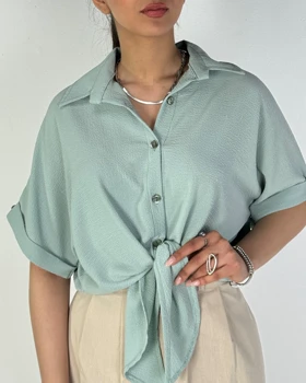 شومیز گره‌ای آستین کوتاه کد 500497 (سبزآبی)