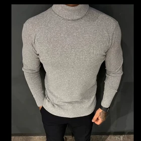 پلیور بافت یقه اسکی طوسی ملانژ مردانه