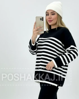 بلوز بافت زنانه راه راه دشت آستین بلند یقه گرد قد 75 کد1887 (سیاه)